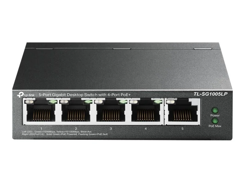 Tinklo įranga TP-LINK TL-SG1005LP 5 prievadų gigabito stalinio kompiuterio plieno korpuso jungiklis su 4 prievadų PoE+ 40 W PoE biudžetas 5 x 10/100/1000 (4 PoE+)