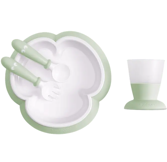 BABYBJÖRN indų rinkinys (lėkštė, šaukštelis, šakutė ir puodelis) Poweder Green 078161