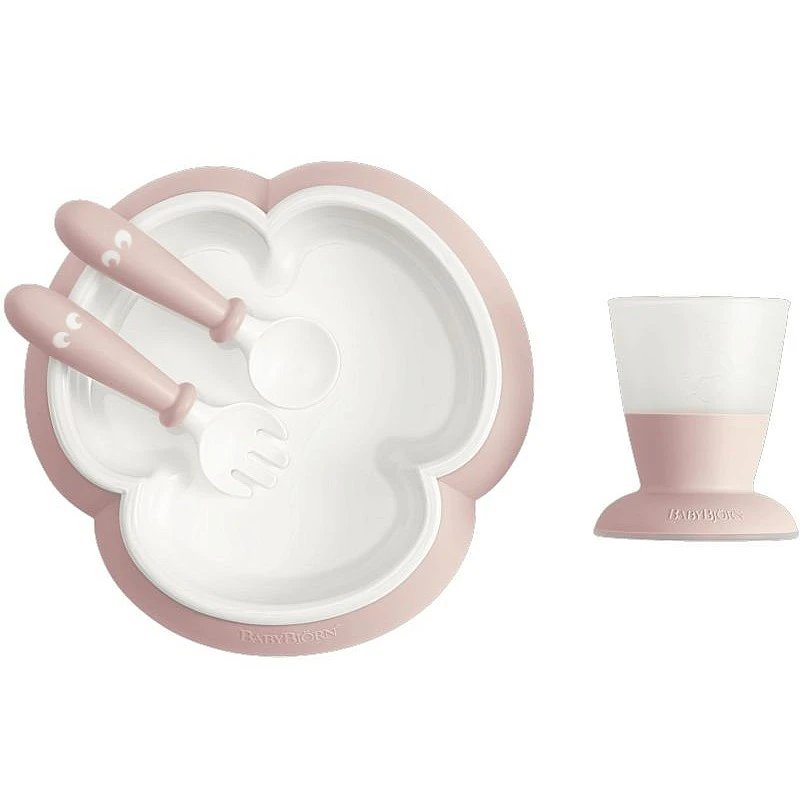 BABYBJÖRN indų rinkinys (lėkštė, šaukštelis, šakutė ir puodelis) Poweder Pink 078164