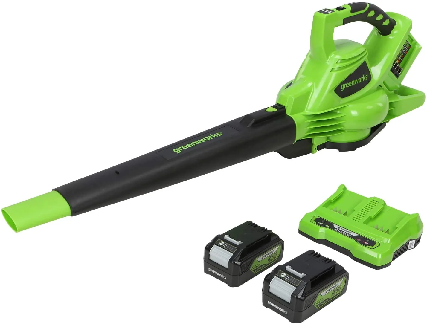 Akumuliatorinis lapų pūstuvas Greenworks GD24X2BVK4X (su 2x4Ah akumuliatoriais ir dviejų lizdų krovikliu)