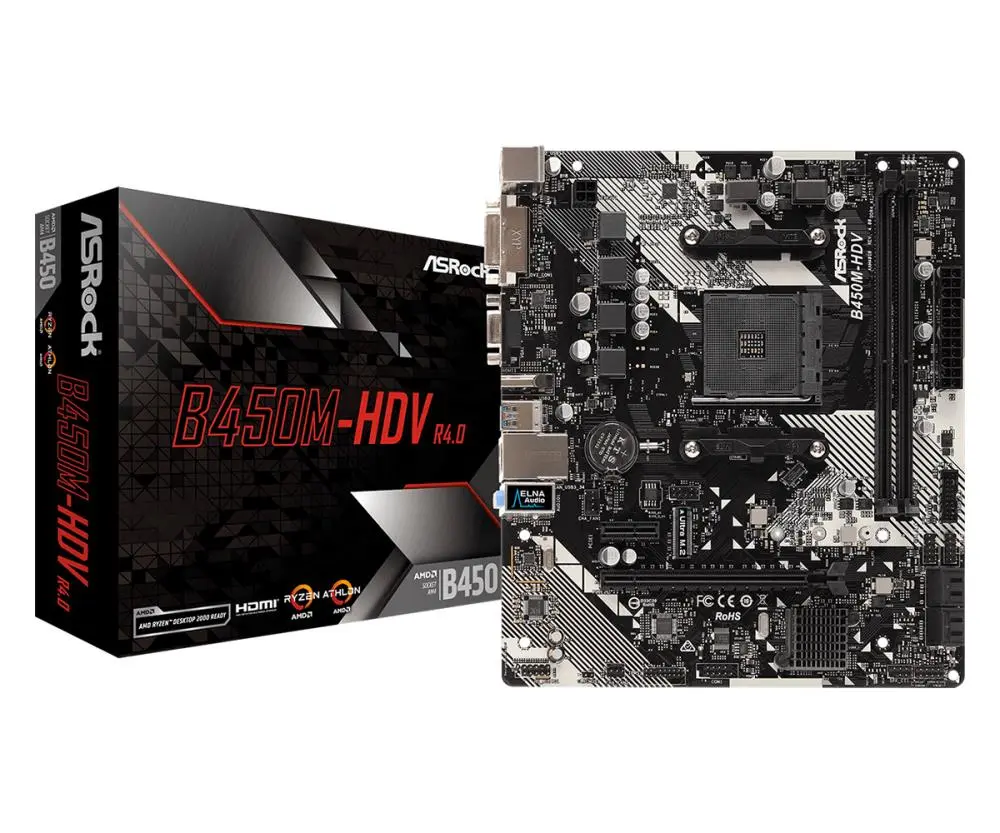 Pagrindinė plokštė|ASROCK|AMD B450|SAM4|MicroATX|1xPCI-Express 2.0 1x|1xPCI-Express 3.0 16x|1xM.2|Atmintis DDR4|Atminties lizdai 2|1x15pin D-sub|1xDVI|1xHDMI|2xUSBx2.0| /2|1xRJ45|3xgarso prievadas|B450M-HDVR4.0