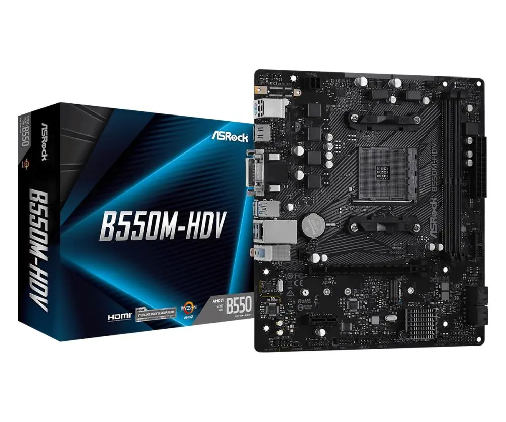 Pagrindinė plokštė|ASROCK|AMD B550|SAM4|MicroATX|1xPCI-Express 3.0 1x|1xM.2|1xPCI-Express 4.0 16x|Atmintis DDR4|Atminties lizdai 2|1x15 kontaktų D-sub|1xDVI|1xHDMI|2xUSBxxUSB.3 /2|1xRJ45|3xGarso prievadas|B550M-HDV
