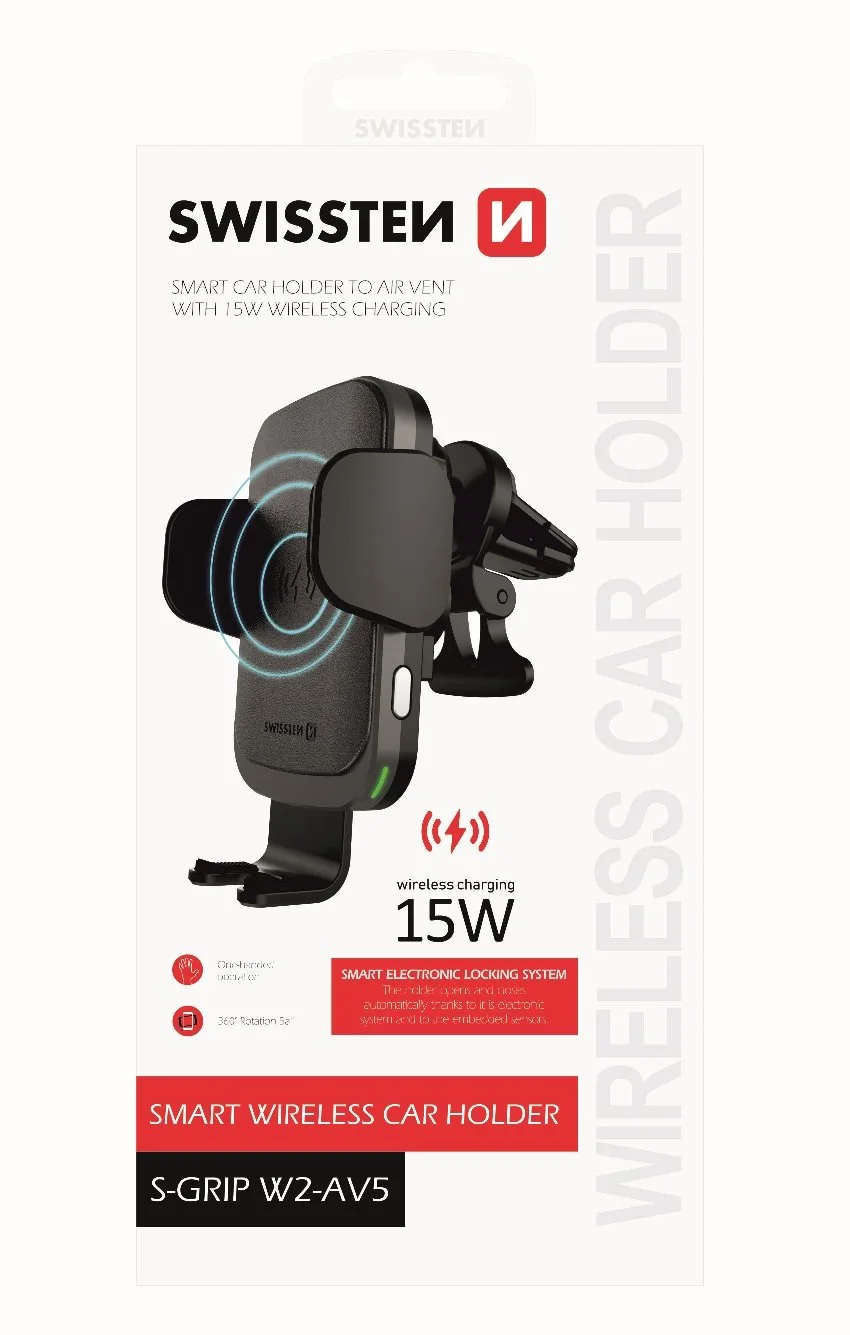 Swissten W2-AV5 oro ventiliacinis laikiklis su 15 W belaidžiu įkrovimu + 1,2 m juodo mikro USB laidu