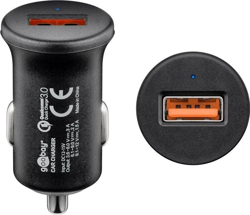 Goobay Quick Charge QC3.0 USB automobilinis greitas įkroviklis USB 2.0 moteriškas (A tipas), cigarečių žiebtuvėlis vyriškas