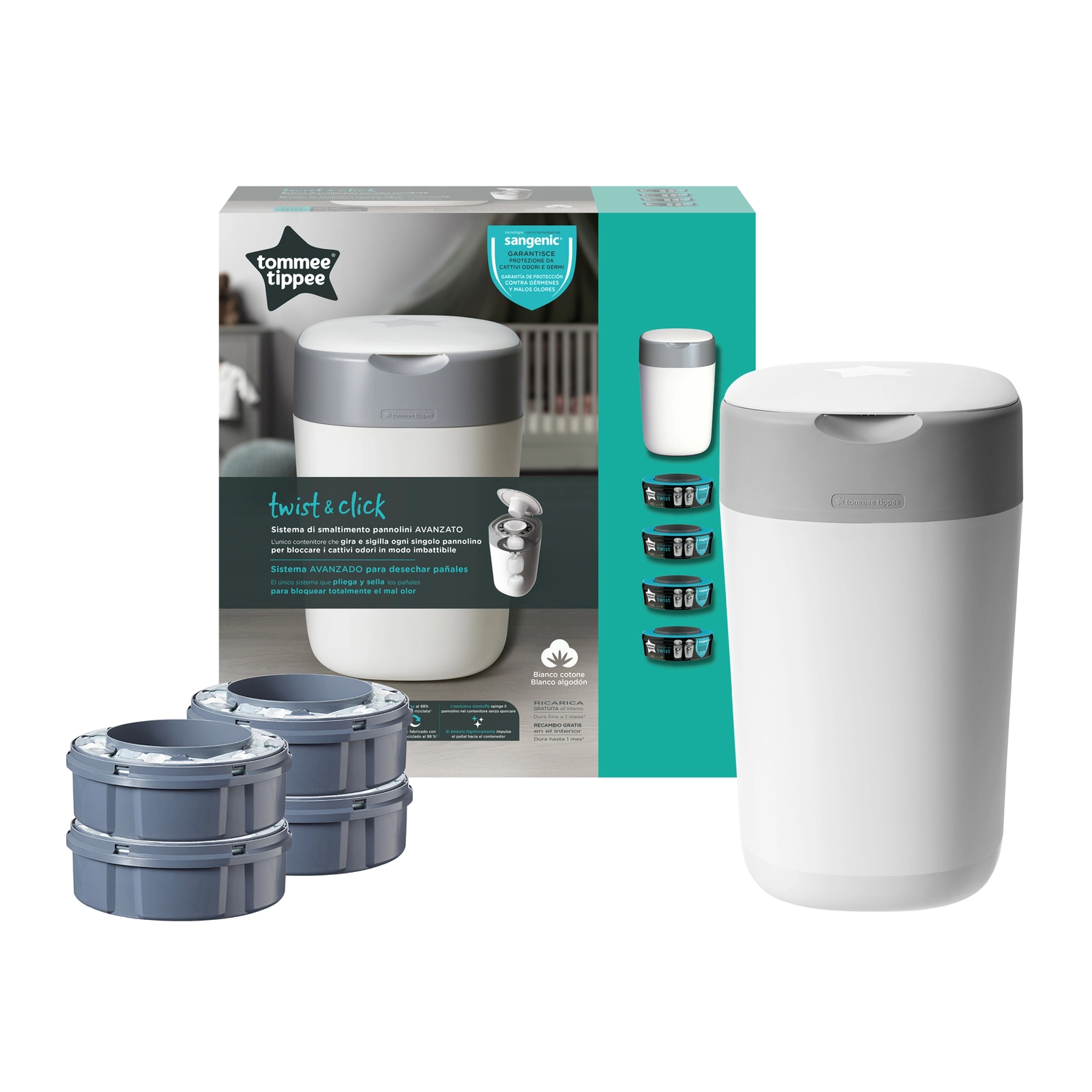 TOMMEE TIPPEE sangeninis konteineris sauskelnėms Twist and Click Tub, su 4 kasetėm, 85102002