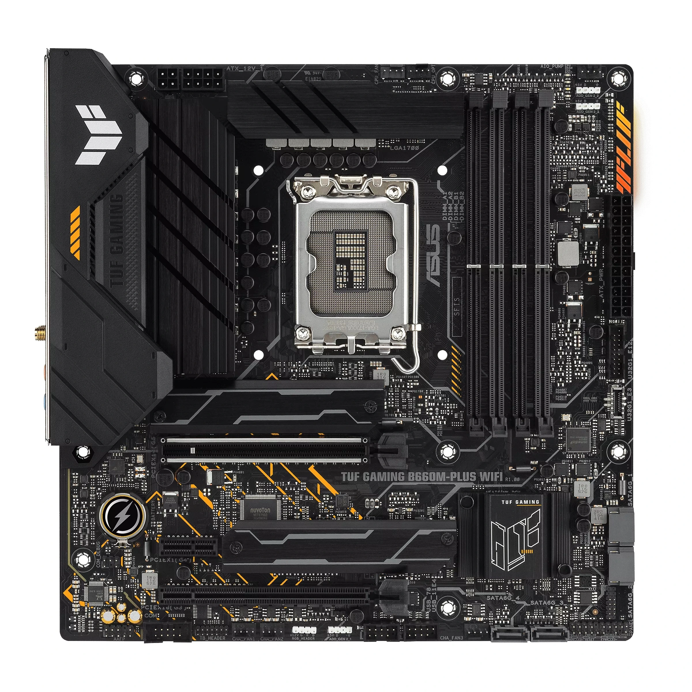 Asus TUF GAMING B660M-PLUS WIFI Procesorių šeima Intel, Procesoriaus lizdas LGA1700, DDR5 DIMM, Atminties lizdai 4, Palaikomos standžiojo disko sąsajos SATA, M.2, SATA jungčių skaičius 4, Chipset B660, mATX