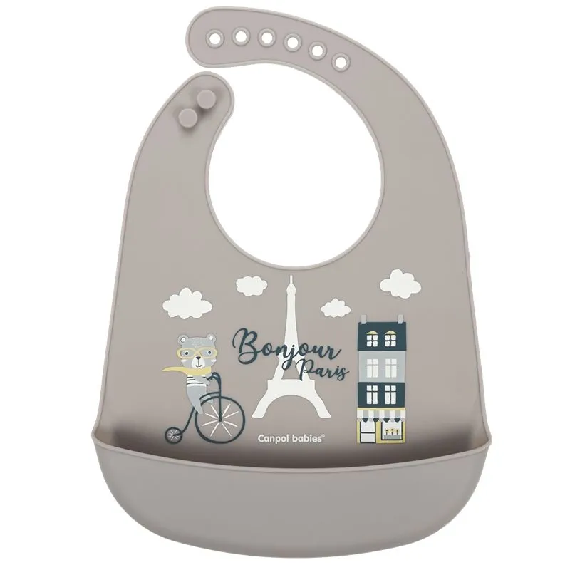 CANPOL BABIES silikoninis seilinukas su kišene BONJOUR PARIS, tamsiai smėlio spalvos, 74/027_bei
