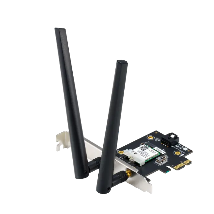 Asus AX1800 Dviejų juostų Bluetooth 5.2 PCIe Wi-Fi adapteris PCE-AX1800 802.11ax, 574+1201 Mbit/s, MU-MiMO Taip, Nėra mobiliojo plačiajuosčio ryšio, Antenos tipas Išorinis