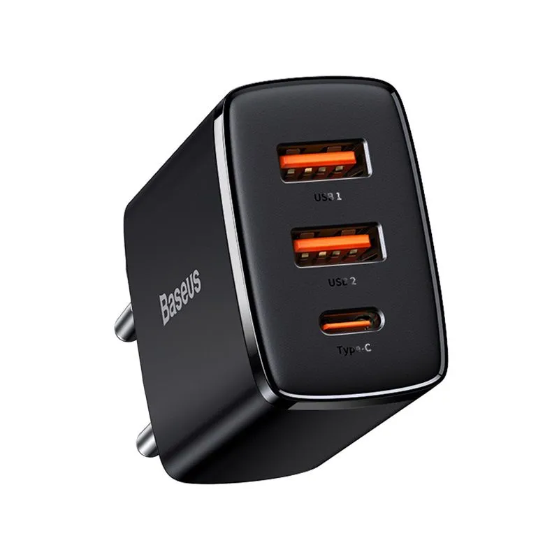 Sieninis įkroviklis Baseus 2xUSB + USB-C Black