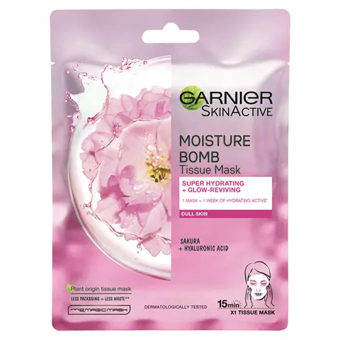 „Garnier Moisture Bomb“ audinių kaukė „Sakura“ drėkinanti veido kaukė nuobodu