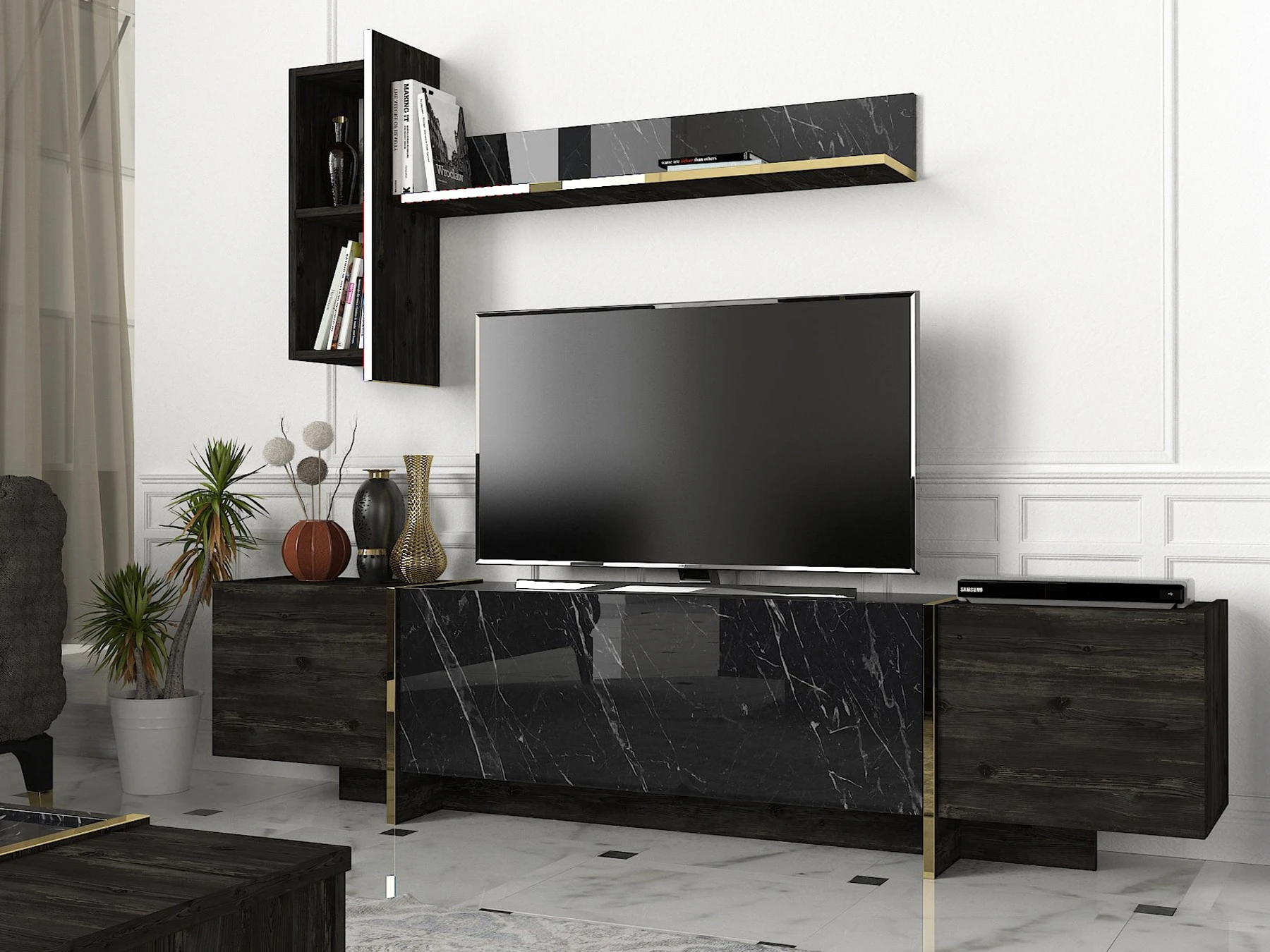 TV blokas, Hanah Home, juodas Auksinis, 180 x 45 x 32,3, cm