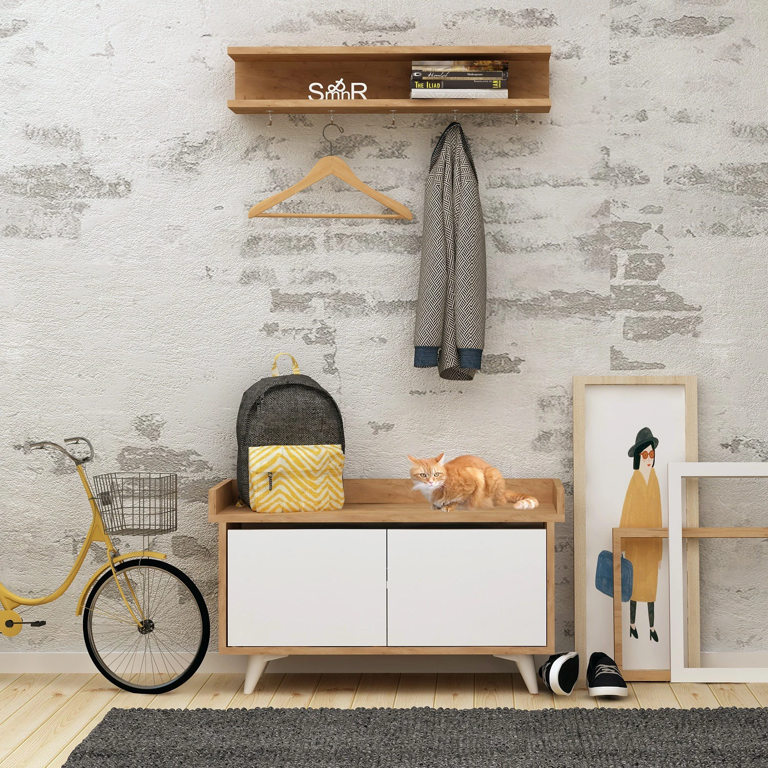 Prieškambario stovas, Hanah Home, ąžuolas Balta, 90 x 60 x 35, cm