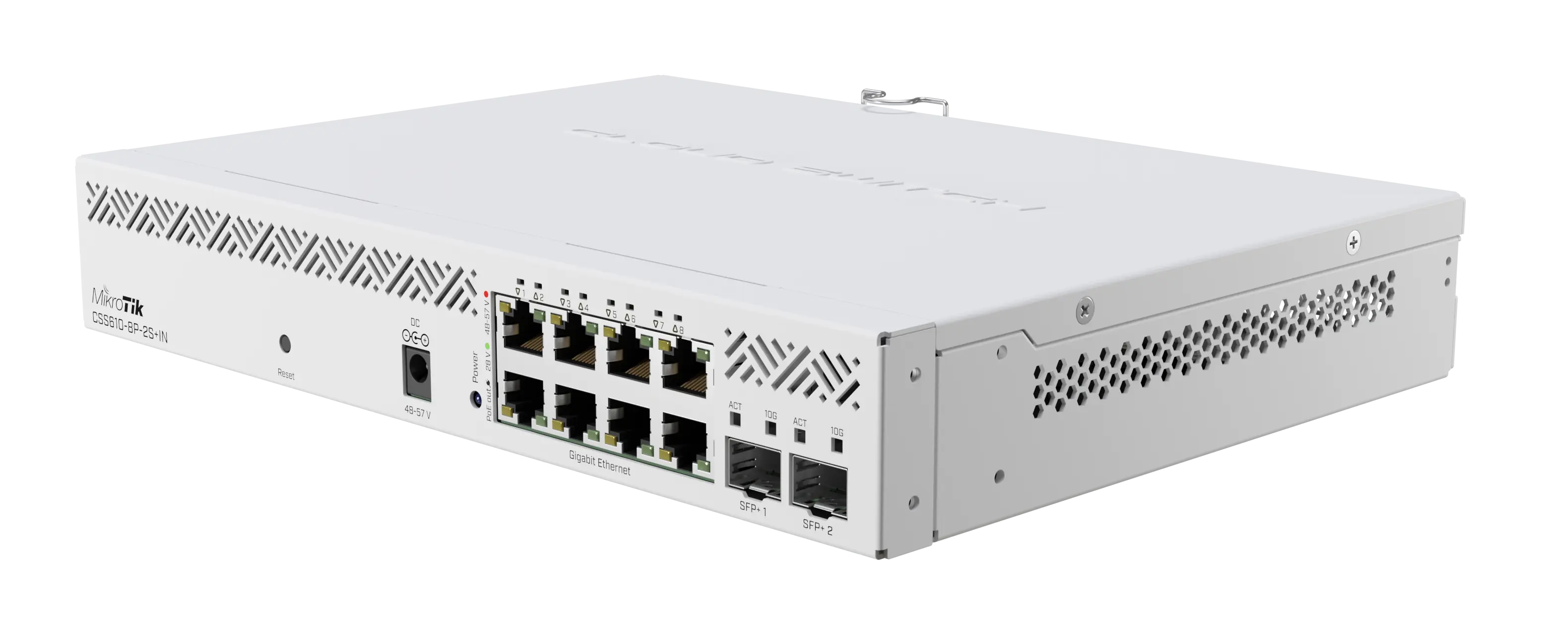 „MikroTik Cloud Router Switch“ CSS610-8P-2S+IN Nėra „Wi-Fi“, maršrutizatoriaus jungiklis, montuojamas ant stovo, 10/100/1000 Mbit/s, eterneto LAN (RJ-45) prievadai 8, tinklelio palaikymo Nr., MU-MiMO Nr. Nėra mobiliojo plačiajuosčio ryšio, SFP+ prievadų k