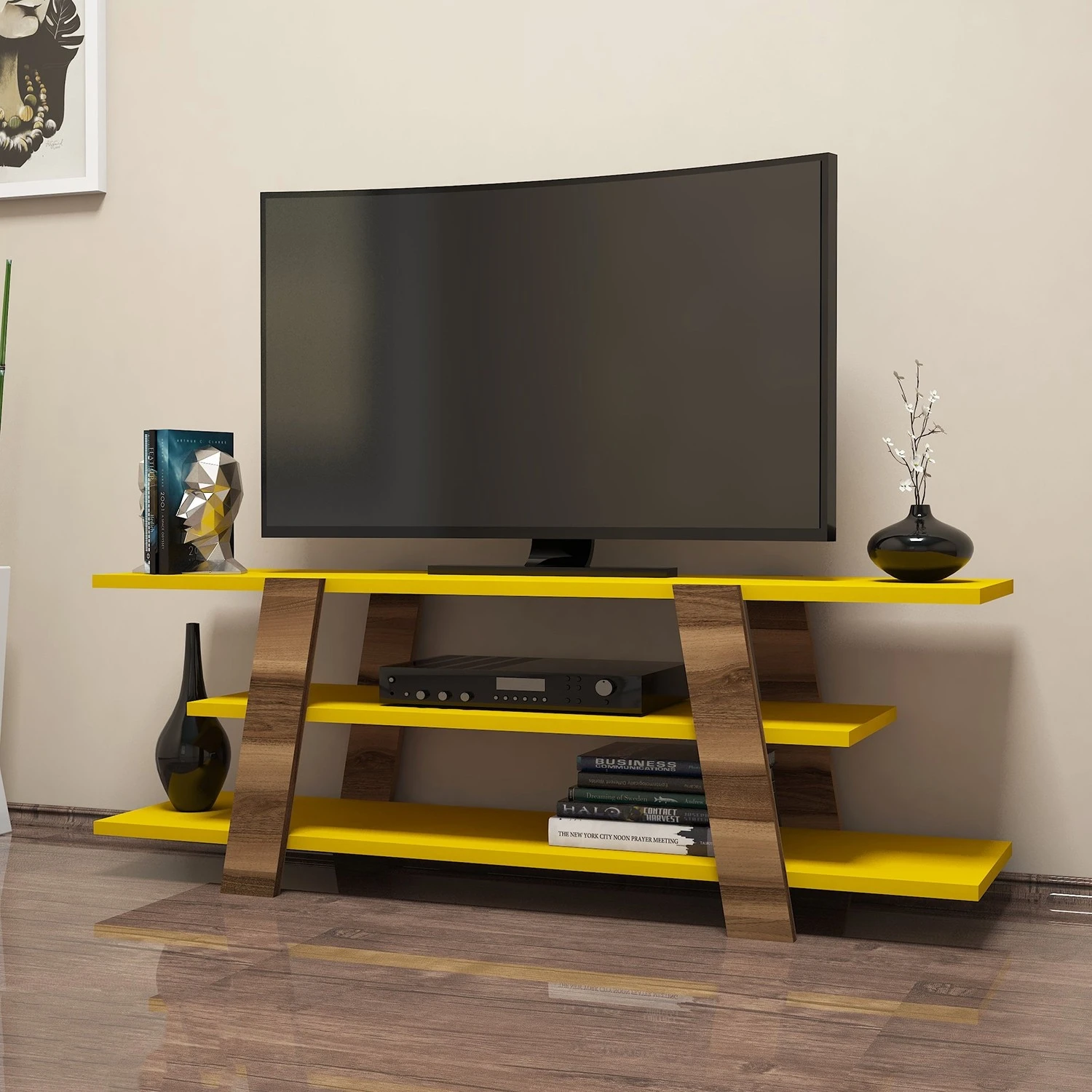 TV stovas, Hanah Home, graikinis riešutas Geltona, 120 x 42 x 33,6, cm