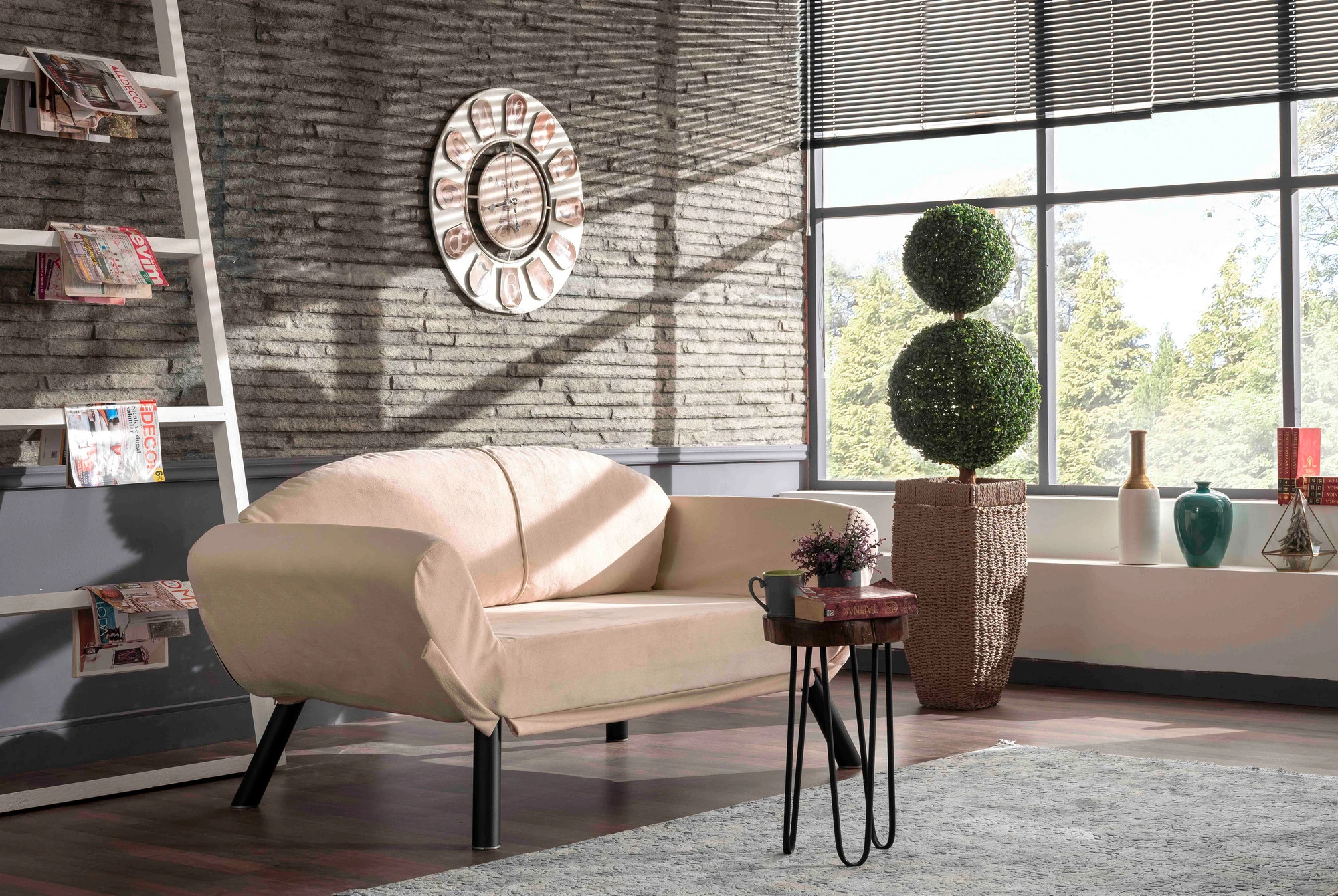 Dvivietė sofa-lova Hanah Home Genzo, kreminė, 177 x 87 x 75
