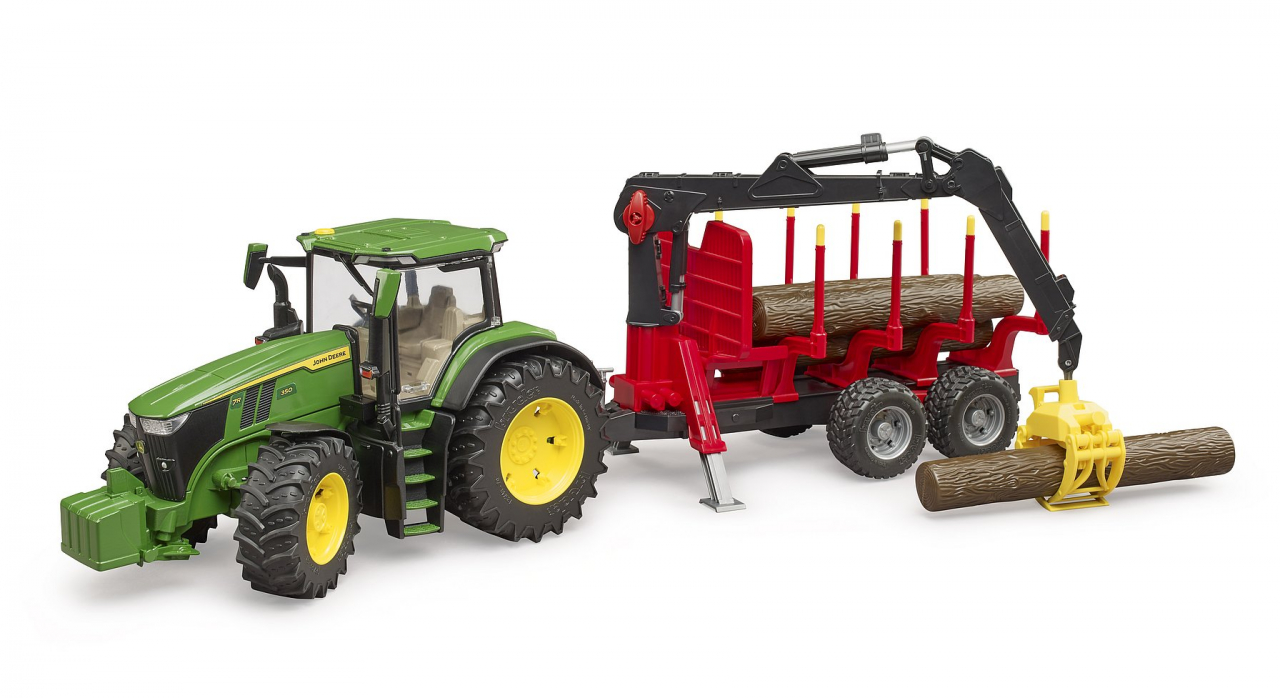BRUDER traktorius John Deere 7R 350 su miško priekaba ir 4 rąstais, 03154