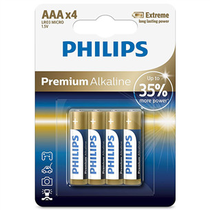 Philips Premium Alkaline, AAA, 4 vnt. - Elementai