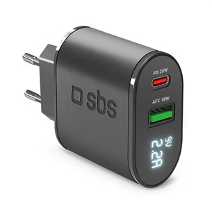 SBS, USB-A, USB-C, LCD, 20 W, juodas - Maitinimo adapteris