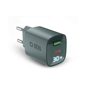 SBS LCD Wall Charger, USB-A, USB-C, LCD, 30 W, šviesiai mėlynas - Maitinimo adapteris