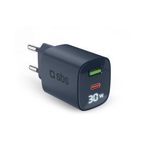 SBS LCD Wall Charger, USB-A, USB-C, LCD, 30 W, mėlynas - Maitinimo adapteris