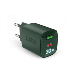 SBS LCD Wall Charger, USB-A, USB-C, LCD, 30 W, žalias - Maitinimo adapteris