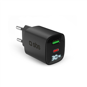 SBS LCD Wall Charger, USB-A, USB-C, LCD, 30 W, juodas - Maitinimo adapteris