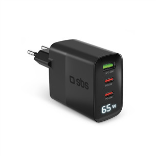 SBS LCD Wall Charger, USB-A, 2x USB-C, LCD, 65 W, juodas - Maitinimo adapteris