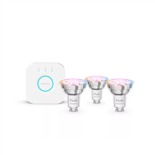 Philips Hue Essential Starter Kit, Spotlight + Hue Bridge, Full Color, GU10, 3 vnt., baltos - Išmaniosios lemputės