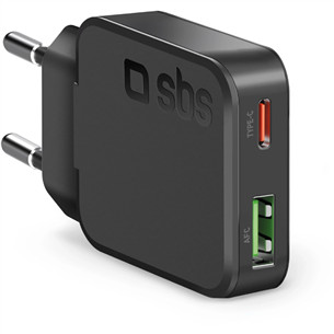 SBS Slim Wall Charger, USB-A, USB-C, 30 W, juodas - Įkroviklis